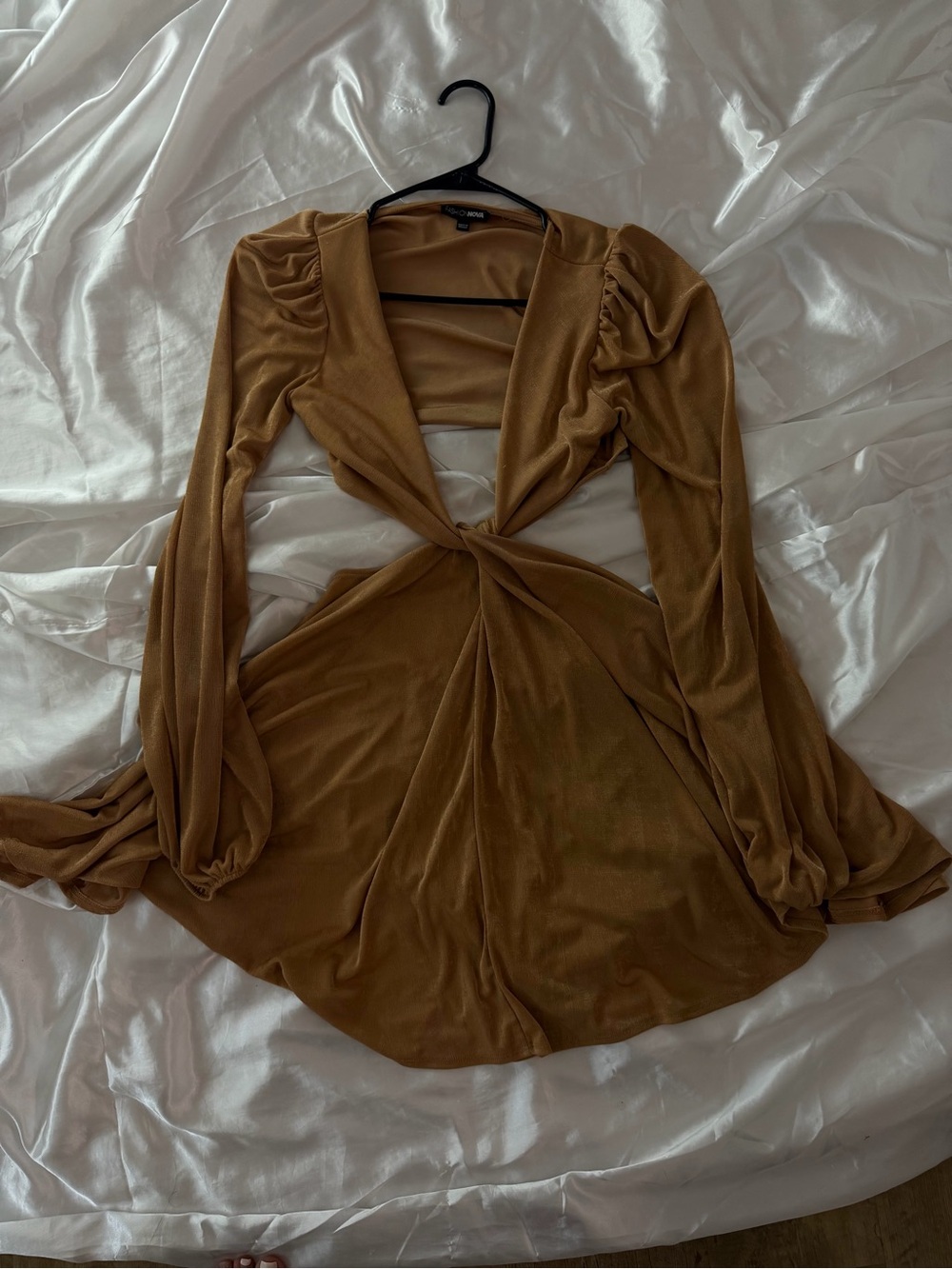Fashion Nova Twist-Front Long Sleeve Dress in Camel Brown